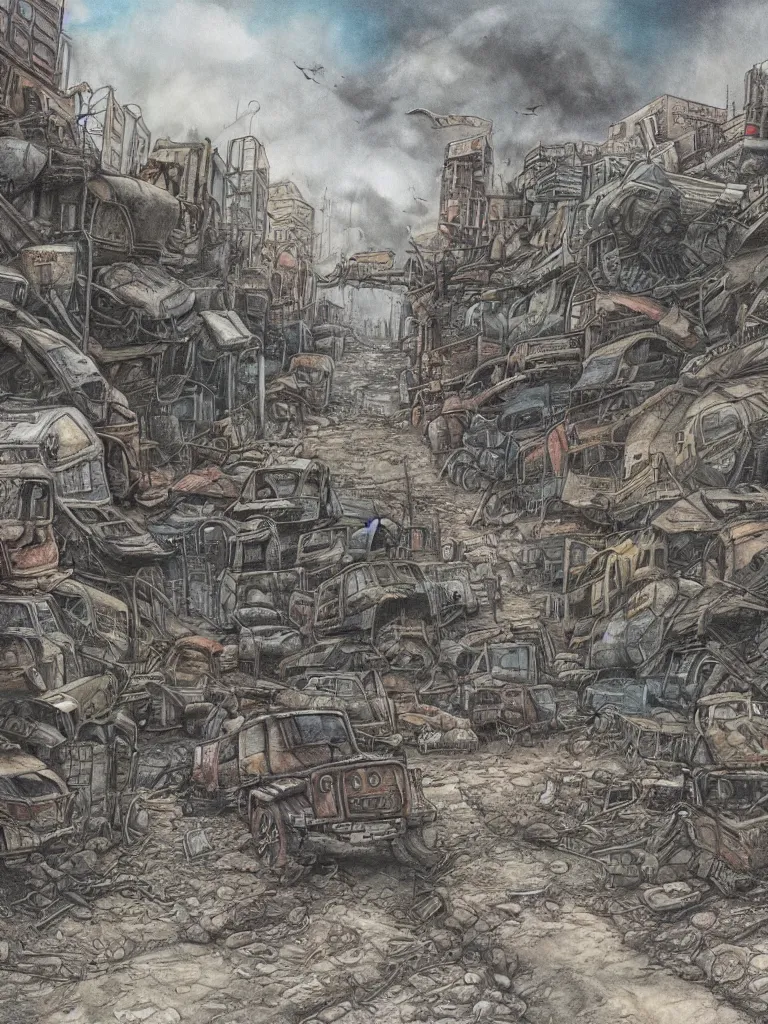 Prompt: post apocalyptic world, color pencil illustration