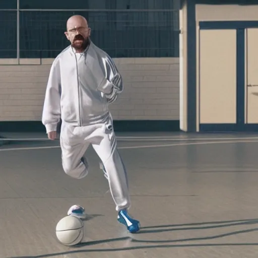 Image similar to walter white wearing adidas track suit and playing basketball