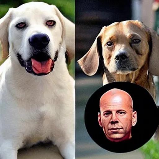 Prompt: a dog with the face of Bruce Willis