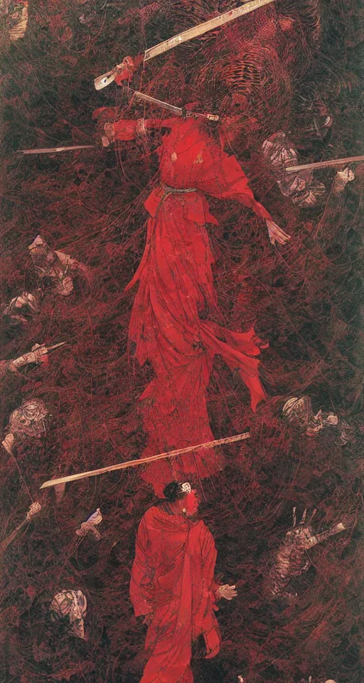 Image similar to Japanese schoolgirl runs away from Samurai with a katana on the subway, high detailed Beksinski painting, part by Adrian Ghenie and Gerhard Richter. art by Takato Yamamoto. masterpiece, deep colours, red