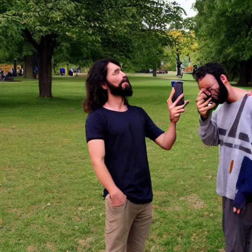 Prompt: taking a selfie with jesus christ in the park