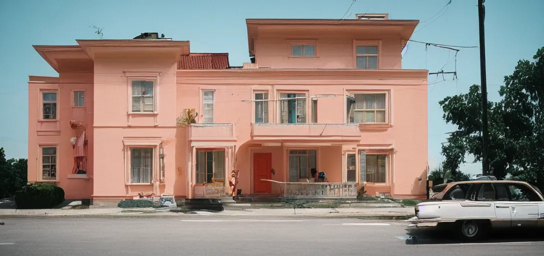 Image similar to residential house. accidentallywesanderson. fujinon premista 1 9 - 4 5 mm t 2. 9. portra 8 0 0.