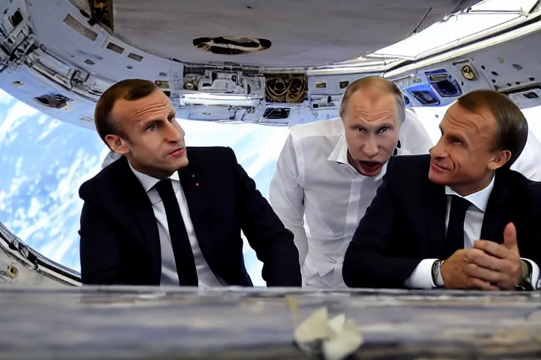 Image similar to macron and putin have a meeting, floating in the space station, long table