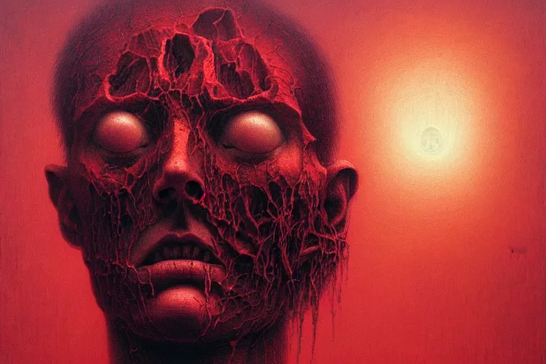 Image similar to head of a man falling apart, in the style of beksinski, intricate and epic composition, red by caravaggio, insanely quality, highly detailed, masterpiece, purple light, artstation, 4 k