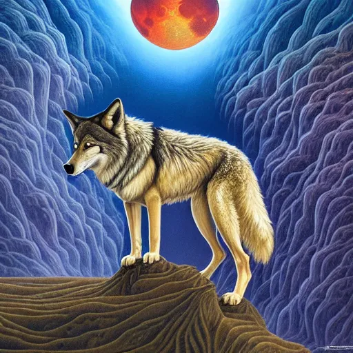 Image similar to a wolf on the edge of a cliff howling at the blood moon, by Adi granov and afarin sajedi and amanda sage and evgeni gordiets and Agostino Arrivabene and in a psychedelic portrait style, ultrarealistic matte painting, volumetric lighting, fractal, extremely symmetrical, highly detailed face, orisha, 8k, hd