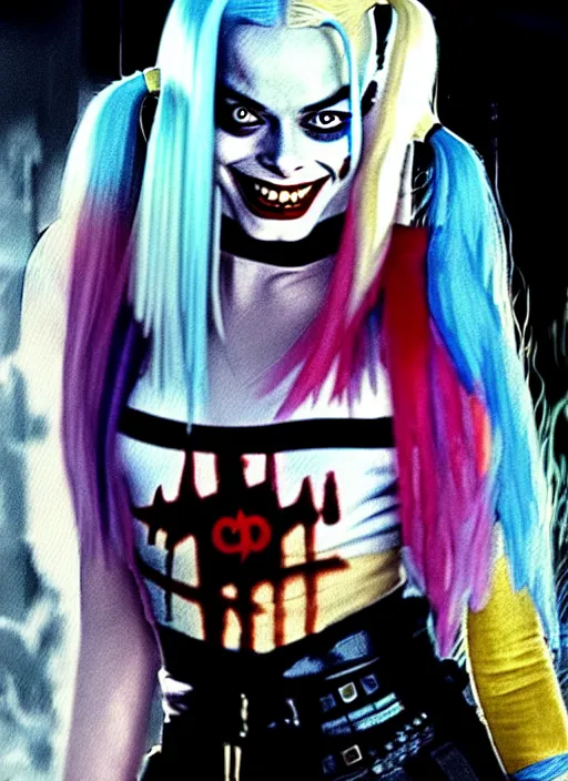 Image similar to 2 8 mm photo of beautiful suicide squad happy margot robbie with long white hair that looks like harley quinn standing on the wet street of dystopian gotham city at night, angry frown, seductive camisole, pinup, glamour fashion pose, watercolor, frank miller, moebius, jim lee, cinematic, ridley scott, lens flare, annie leibowitz