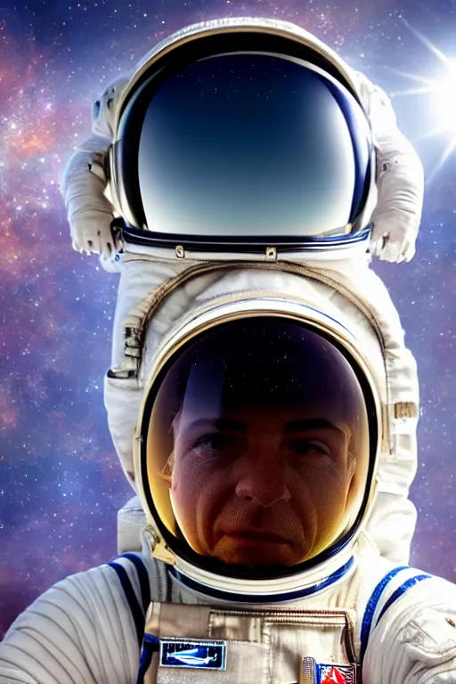 Image similar to extremely detailed portrait of space astronaut, wearing gloves, iphone in hand, reflection of the moon in visor, alien looking over shoulder from behind, extreme close shot, dramatic backlight, award winning photo by jimmy nelson