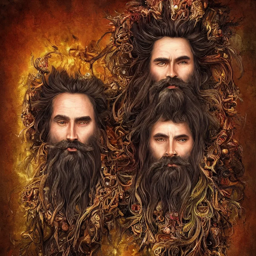 Prompt: Portrait of the Primeval Forest God, a beard Western male deity that presides over nature and brings wisdom onto the world. Headshot, insanely nice professional hair style, dramatic tribal dark hair color, colorful halo around the head, digital painting, of a old 17th century, amber jewels, baroque, ornate clothing, tribalistic sci-fi, realistic, hyper-detailed, chiaroscuro, concept art, art by Franz Hals and Jon Foster and Ayami Kojima and Amano and Karol Bak,