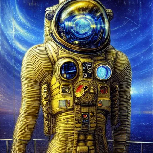 Image similar to cyberpunk astronaut, atmospheric lighting, painted, intricate, golden and blue hour, ultra detailed by peter gric, giger, enki bilal