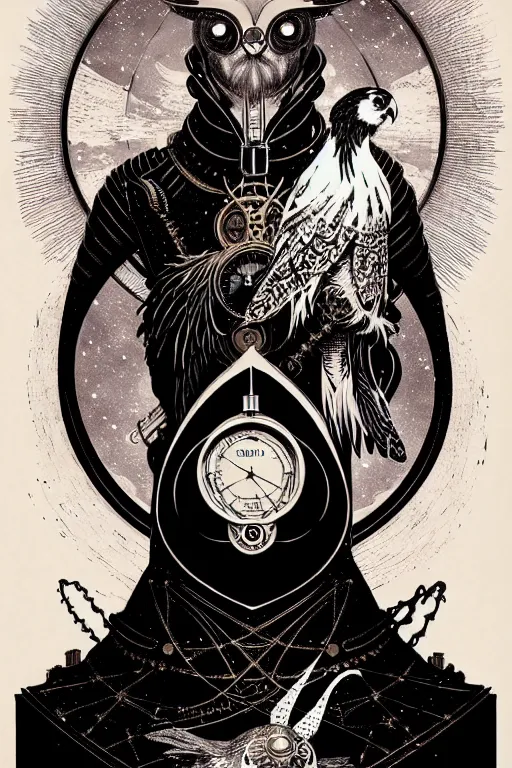 Image similar to a majestic steampunk alchemists cloaked wizard holding his pet owl, high details, bold line art, by vincent di fate and joe fenton, inking, etching, screen print, masterpiece, trending on artstation, sharp, high contrast, hyper - detailed,, hd, 4 k, 8 k