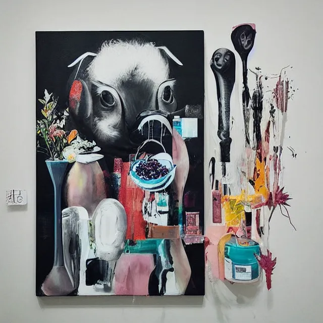 Prompt: “ a portrait in a female art student ’ s apartment, negative space, sensual, a pig theme, anaesthetic, art supplies, surgical iv drip, octopus, ikebana, herbs, white candles, squashed berries, berry juice drips, acrylic and spray paint and oilstick on canvas, surrealism, neoexpressionism ”