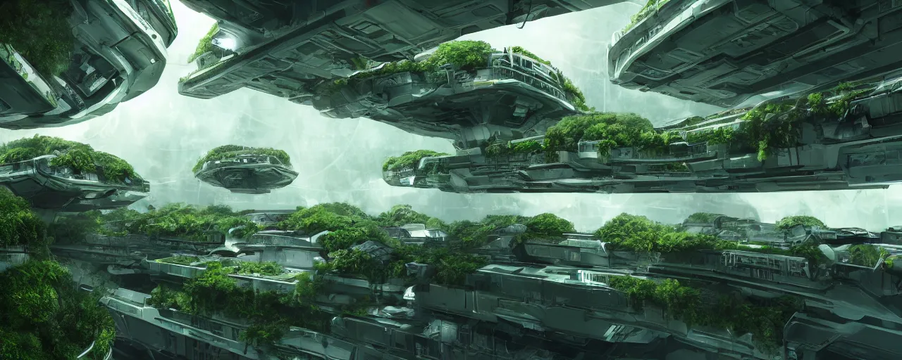 Prompt: a photo of a detailed science-fiction freight wide open architectural multi-level spaceship docking bay with balconies overlooking a dense green forest, with people working, looking out into space, 4k, unreal engine, concept art, matte painting, cosmic horror, nightmare,