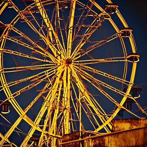 Image similar to an old abandoned rusty ferris wheel, in a town filled with pale yellow mist. Grainy. Award-winning photo. Sigma 40mm f/1.4 DG HSM