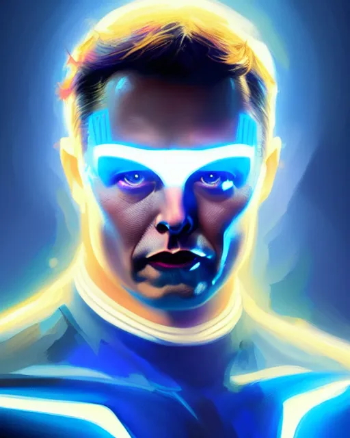 Image similar to blue color elon musk superhero, glam, power, glowing lights intricate, elegant, highly detailed, digital painting, artstation, concept art, smooth, sharp focus, illustration, art by artgerm and greg rutkowski and fra angelico and unreal engine 5