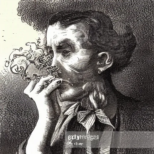 Image similar to tree with a human face smoking a cigarette, high detail, 1 9 th century illustration by john tenniel