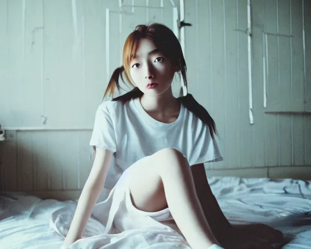 Prompt: a film still of lone anime girl in white tshirt is sitting on poor bed in pale colors room in dark russian flat, perfect faces, details, anime, cinestill