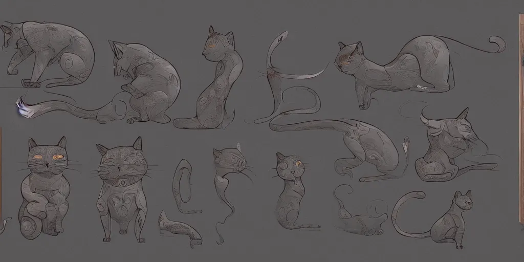 Image similar to wooden cat design, character sheet, Moebius, Greg Rutkowski, Zabrocki, Karlkka, Jayison Devadas, Phuoc Quan, trending on Artstation, 8K, ultra wide angle, zenith view, pincushion lens effect.