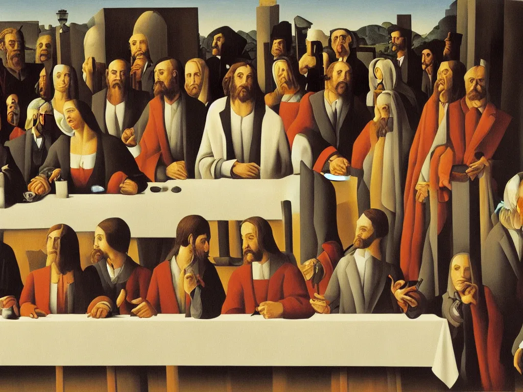 Image similar to crowded last supper painting magritte, renaissance, american gothic