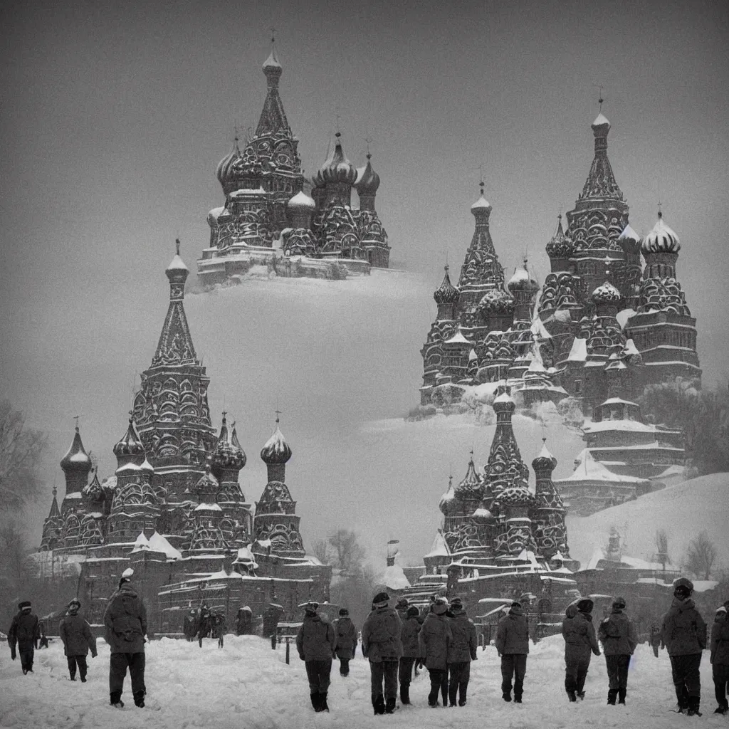 Image similar to minions serving under stalin, with a background of the kremlin in snow, sepia tone picture