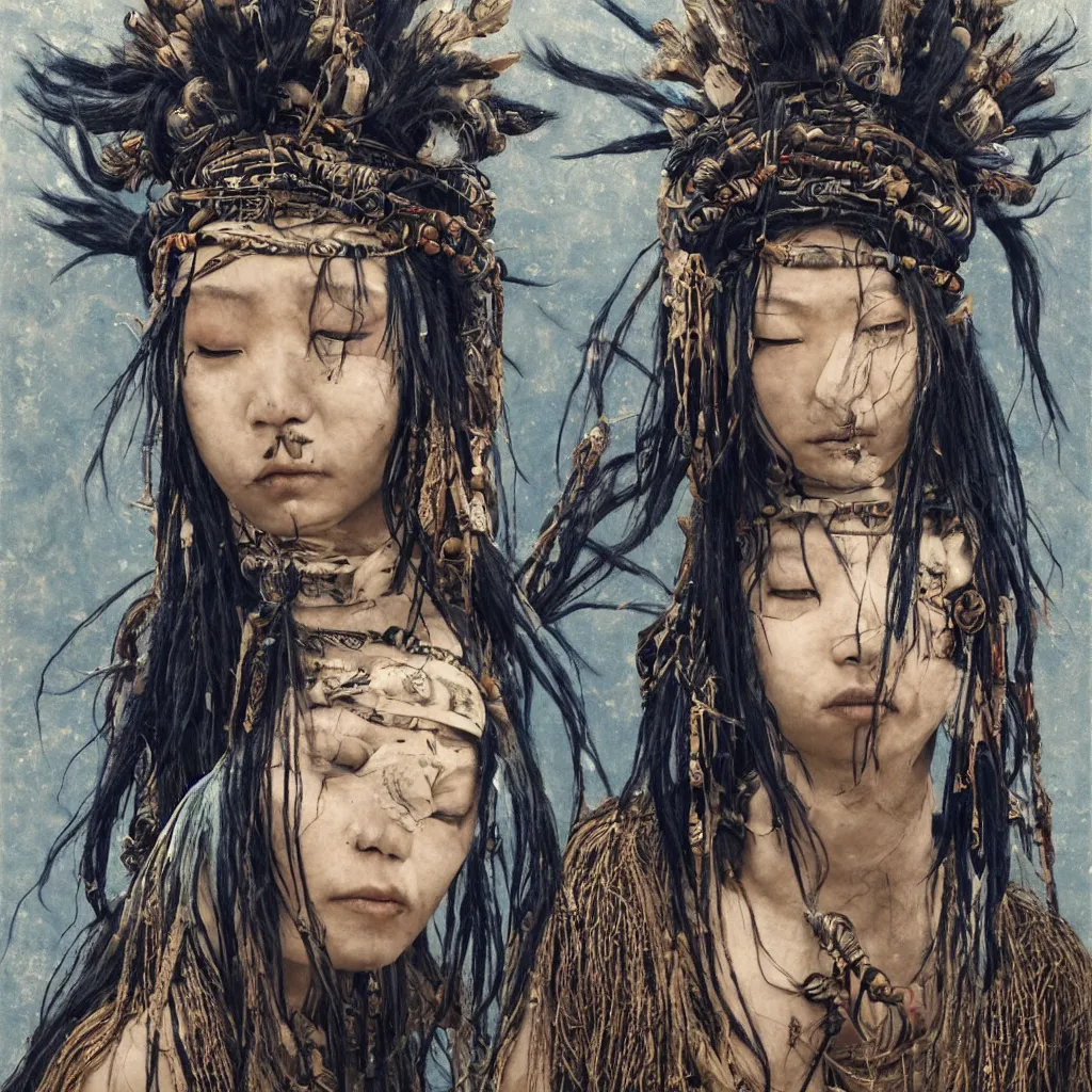 Image similar to A young blindfolded shaman japanese woman with a decorated headband performing a pagan ritual, in the style of heilung, blue hair dreadlocks and wood on her head, tribal piercing and tatoos , atmospheric lighting, intricate detail, cgsociety, ambient light, dynamic lighting, art by karol bak