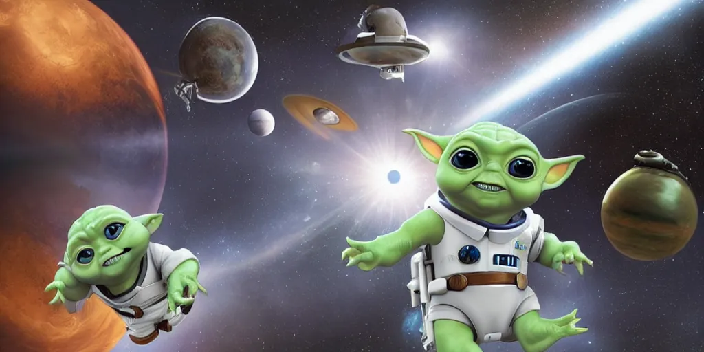 Image similar to a 3 d rendered movie still of baby yoda wearing a spacesuit, and exploring cosmos in a super awesome space ship. science fiction blockbuster movie, dramatic lighting, imax 7 0 mm. buzz lightyear