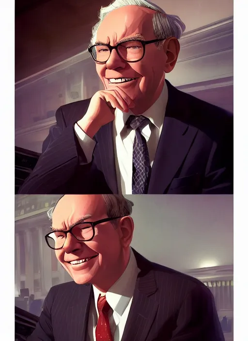 Prompt: portrait of a young warren buffett in the new york stock exchange, epic lighting, in the style of artgerm and charlie bowater and atey ghailan and mike mignola, vibrant colors and hard shadows and strong rim light, comic cover art, plain background, trending on artstation