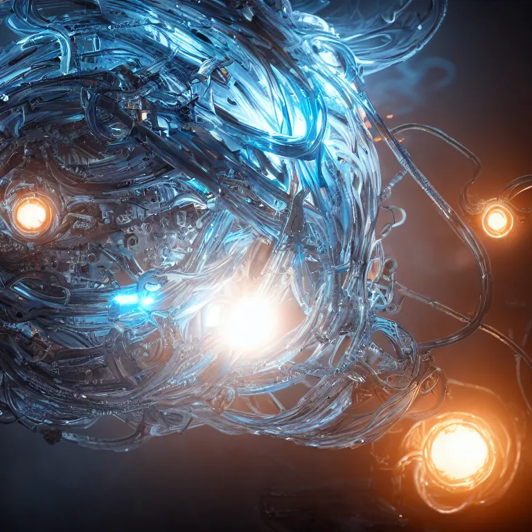 Prompt: swirling abstract cyborg parts and bio - mechanical tendrils and ornate flowing smoke streams and liquid light streaks surround a small metallic sphere, cinematic, unreal engine