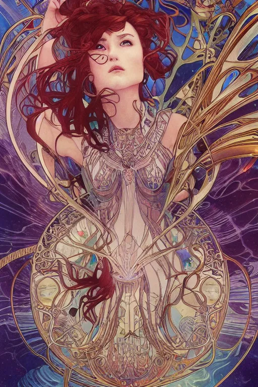 Prompt: swimming through time, by artgerm and yoshitaka amano and moebius and alphonse mucha, hyperdetailed, dc comics, ornate, nebula, explosions in the sky, trending on artstation