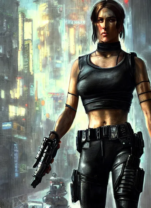 Image similar to sonya blade. cyberpunk police trooper in a military vest ( blade runner 2 0 4 9, cyberpunk 2 0 7 7 ). orientalist portrait by john william waterhouse and james gurney and theodore ralli and nasreddine dinet, oil on canvas. cinematic, hyper realism, realistic proportions, dramatic lighting, high detail 4 k