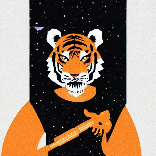 Image similar to “portrait of tiger in the style of metamask holding a laser gun, with a dark background behind him”