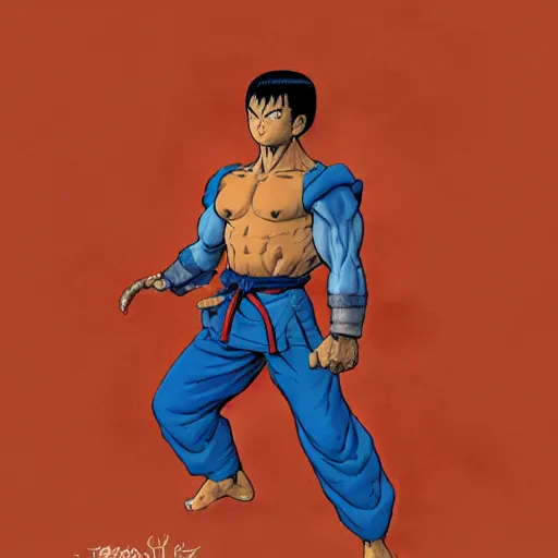 Prompt: full body concept art of martial artist in the style of Jean Giraud in the style of Frank Frazetta in the style of akira toriyama trending on artstation deviantart Pinterest detailed realistic High Resolution HD 8k in color