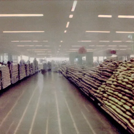 Prompt: Beautiful Liminal Grainy foggy disposable-camera Photograph of a infinite Mall with many potatoes on the floor