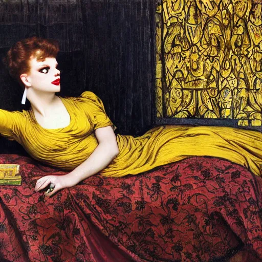 Prompt: hybrid of judy garland and lady gaga, brown fringe, large big downslanted eyes, large full lips, reclining on flowing bed cool stylish, yellow ochre ornate medieval dress, john william waterhouse, kilian eng, rosetti, john everett millais, william holman hunt, william morris, 4 k