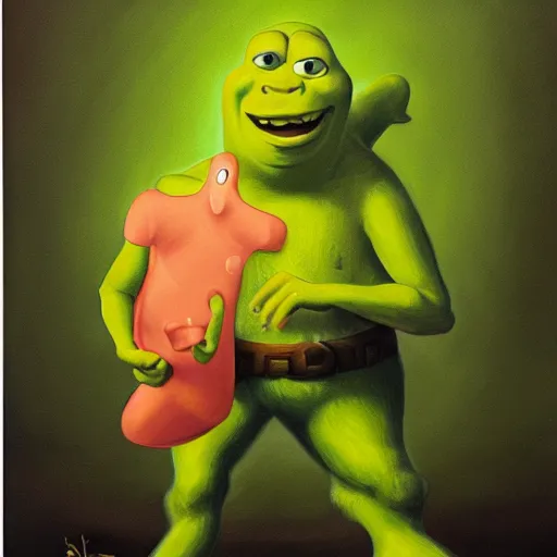 Prompt: shreck vs sponge bob, dramatic light, oil painting