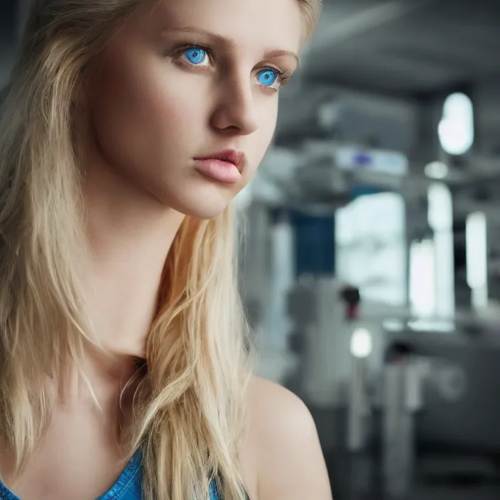 Image similar to portrait photograph of an extremely beautiful!!!! young female, Shifty look on her face, natural light, wearing a tank top and jeans!! Blond hair. Bright blue eyes. in a futuristic laboratory. looking at the camera!!. super resolution. Extremely detailed. Graflex camera!, bokeh!!!!! trending on artstation.