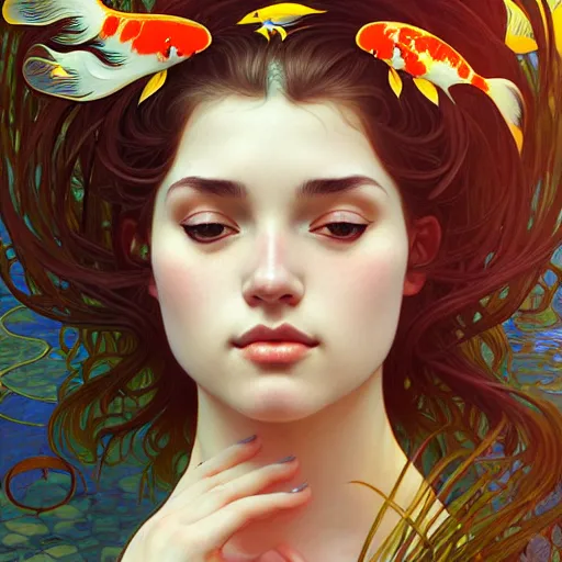 Image similar to Portrait of a girl surrounded by Koi fish, face, fantasy, intricate, elegant, highly detailed, digital painting, artstation, concept art, smooth, sharp focus, illustration, art by Tahir Tanis and Artem Demura and alphonse mucha