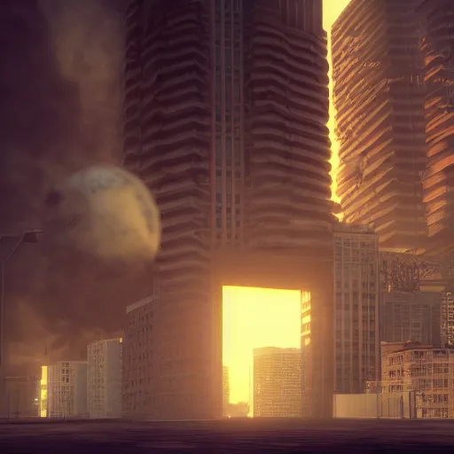 Prompt: octane render, city nuclear fall - out, matte painting, future city
