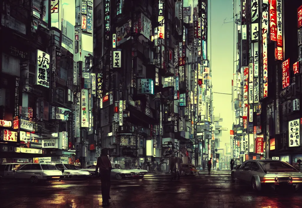 Prompt: tokyo city streets by cyberpunk style max payne standing in blood trending on artstation cinematic realistic buildings windows cars realistic peoples golden ratio awesome composition color balance harmony physical correct light shadows