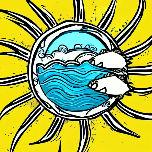 Image similar to tattoo sketch of a ocean, for leg. on a yellow canva, ornamental, line art, vector,