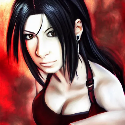 Image similar to high quality portrait of tifa lockhart, detailed background, trending on artstartion