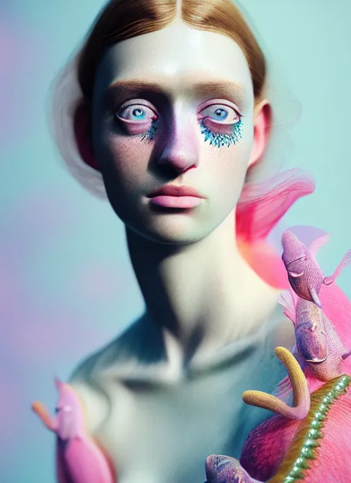 Image similar to Kodak Portra 400, 8K, soft light, volumetric lighting, highly detailed, fine art portrait photography in style of Tim Walker , britt marling face 3/4 morphing with soft pastel colors tropical fishes, metamorphosis complex 3d render , 150 mm lens, soft blur background, bust with intricate details, elegant, hyper realistic, ultra detailed, octane render, etheric, outworldly colours, emotionally evoking, head in focus, fantasy, ornamental, intricate, elegant, 8K, soft light, volumetric underwater lighting, highly detailed, Refined, Highly Detailed, soft lighting colors scheme, fine art photography, Hyper realistic, photo realistic