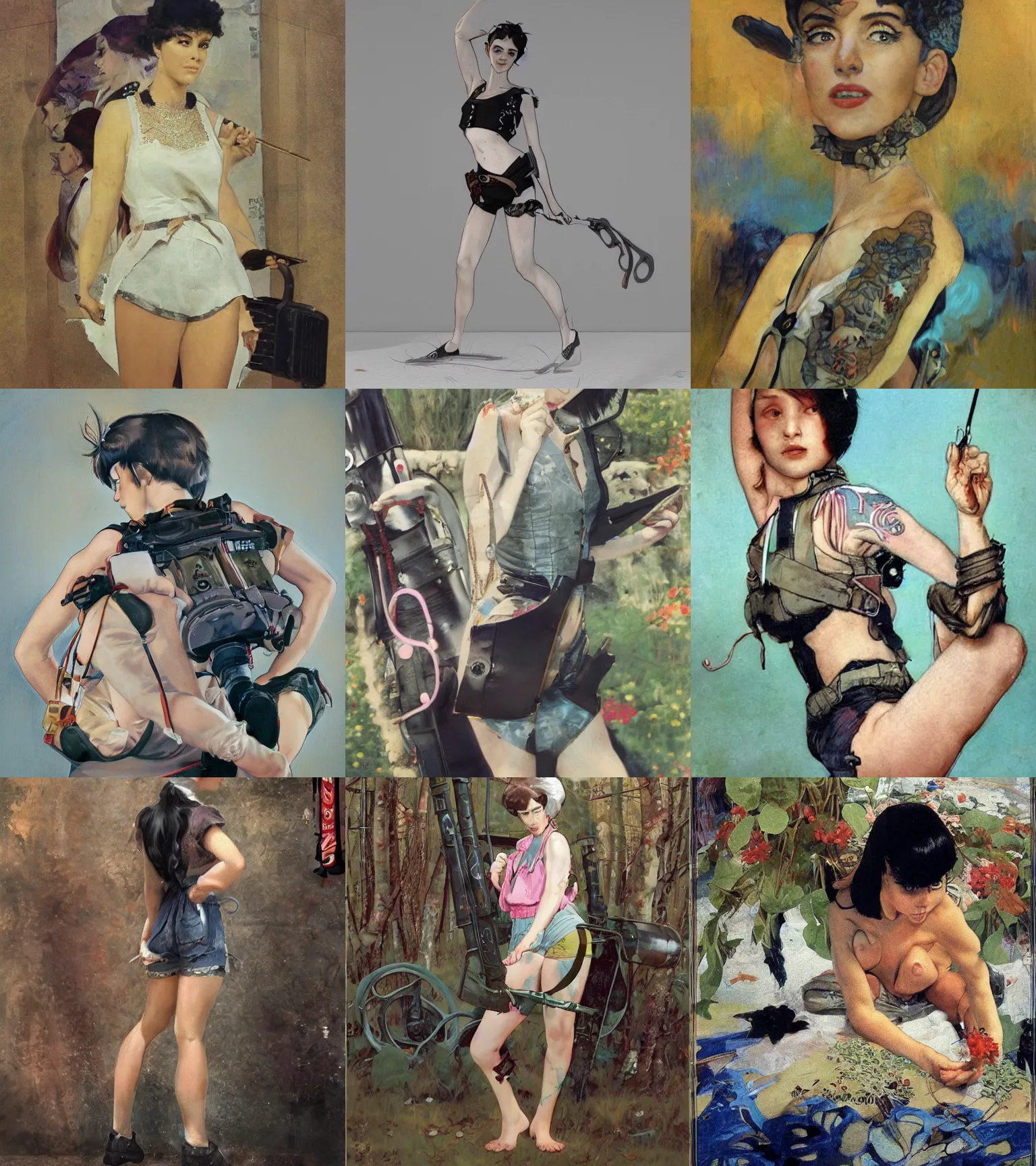 Image similar to a girl with black hair pixie cut in shorts with suspenders drawn by shinkiro, norman rockwell, frank frazetta, peter paul rubens, alphonse mucha, gustav klimt 4k, unreal 5, DAZ, trending on artstation, octane render, hyperrealistic