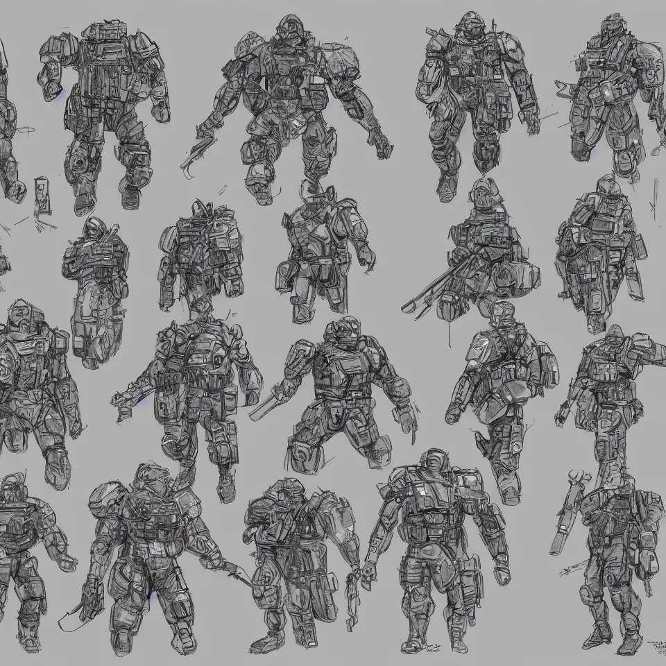 Prompt: sketches concept art standard massive nano chest armor plating military modern era variants digital