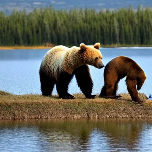 Prompt: a bear chugging a bear by a lake