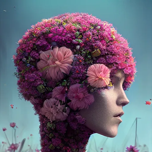 Image similar to highly detailed surreal vfx portrait of a bipedal robot head with flowers growing out of the top, stephen bliss, unreal engine, greg rutkowski, loish, rhads, beeple, makoto shinkai and lois van baarle, ilya kuvshinov, rossdraws, tom bagshaw, global illumination, detailed and intricate environment