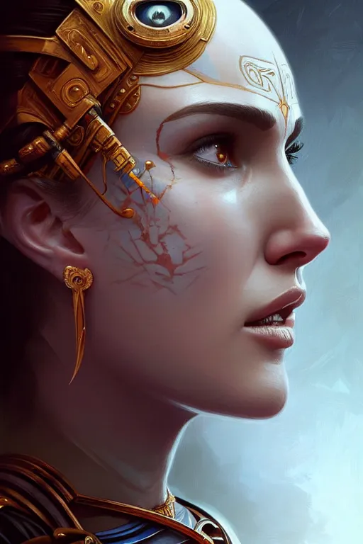 Image similar to symmetry!! portrait of natalie portman in the style of god of war, machine parts embedded into face, intricate, elegant, highly detailed, digital painting, artstation, concept art, smooth, sharp focus, illustration, art by artgerm and greg rutkowski and alphonse mucha, 8 k