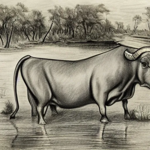 Prompt: a detalied drawing of a bull una tar pit