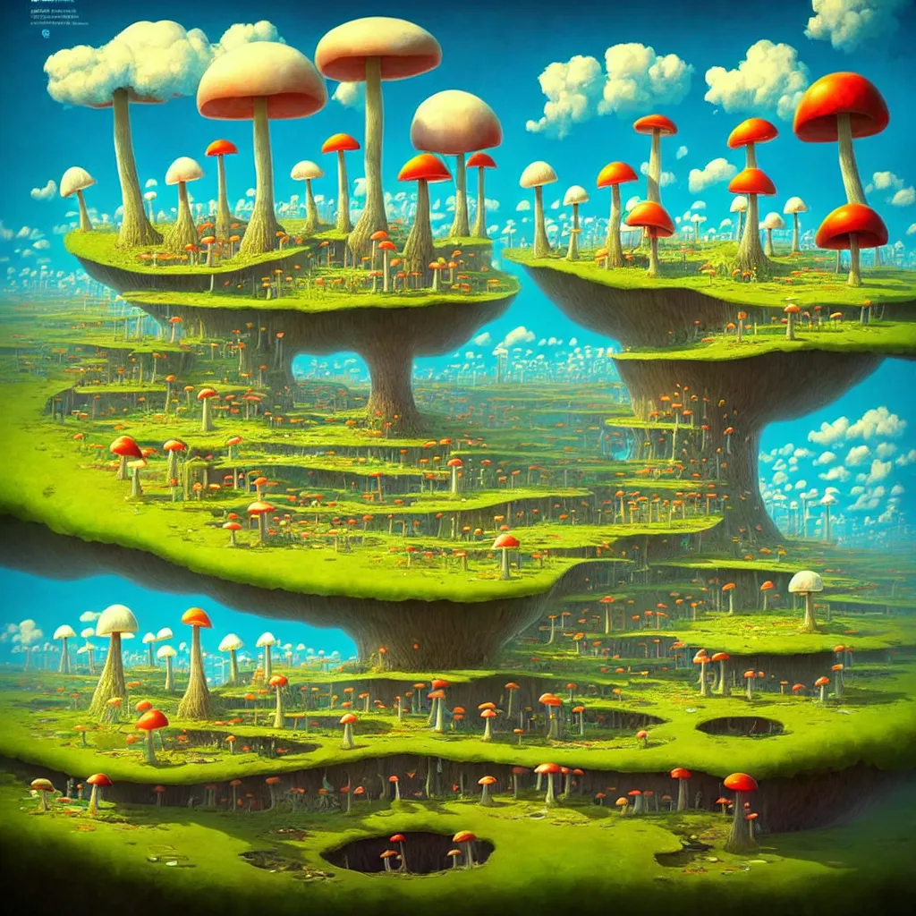 Image similar to surreal mushroom kingdom, floating island in the sky, waterpipes in the ground, summer morning, very coherent and colorful high contrast, art by!!!! gediminas pranckevicius!!!!, geof darrow, dark shadows, hard lighting