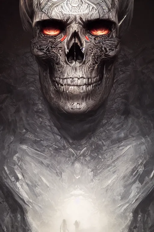 Image similar to skull god, close - up portrait, powerfull, intricate, elegant, volumetric lighting, scenery, digital painting, highly detailed, artstation, sharp focus, illustration, concept art, ruan jia, steve mccurry