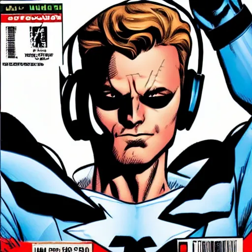 Image similar to A comic book cover of a superhero wearing headphones